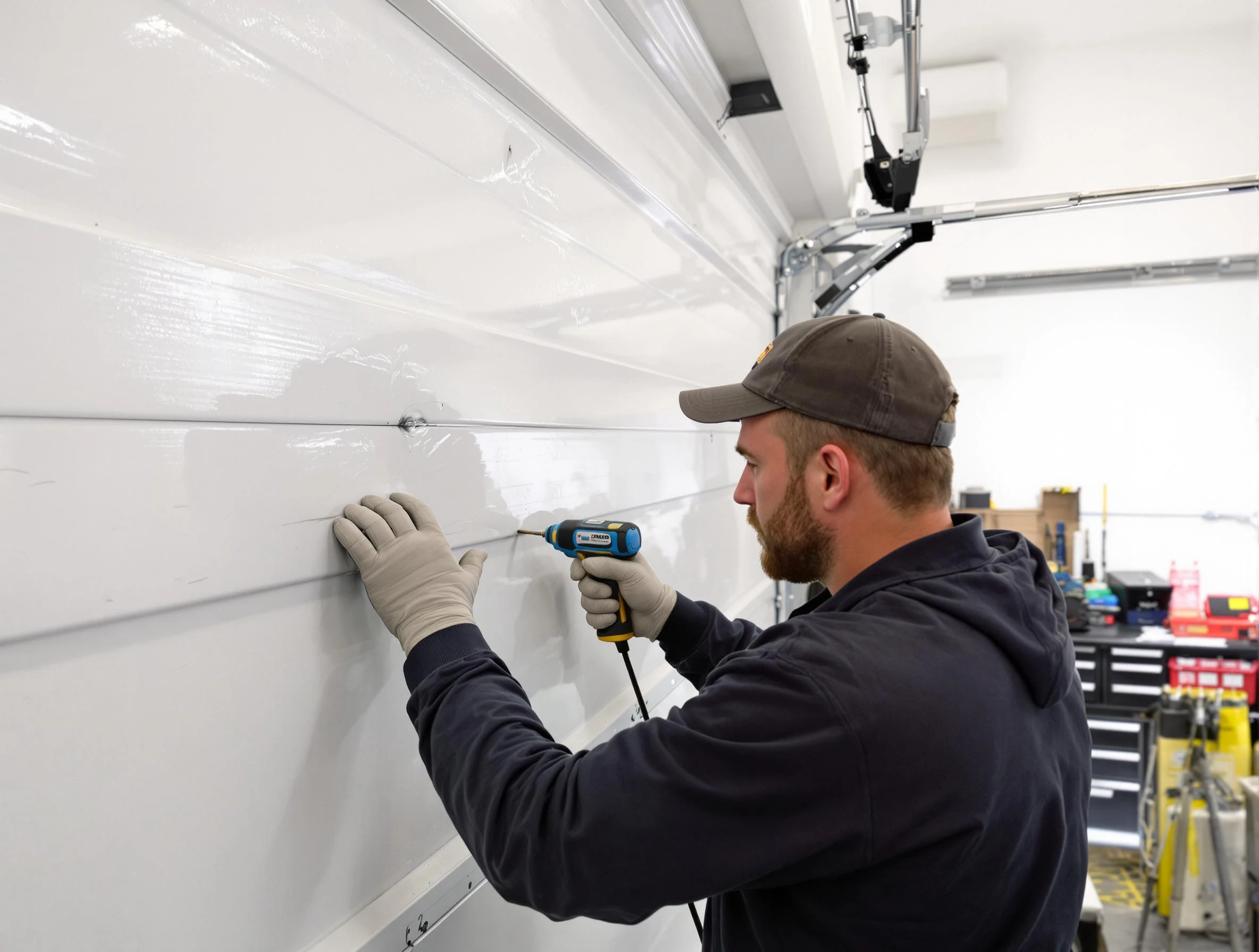 White City Garage Door Repair technician demonstrating precision dent removal techniques on a White City garage door